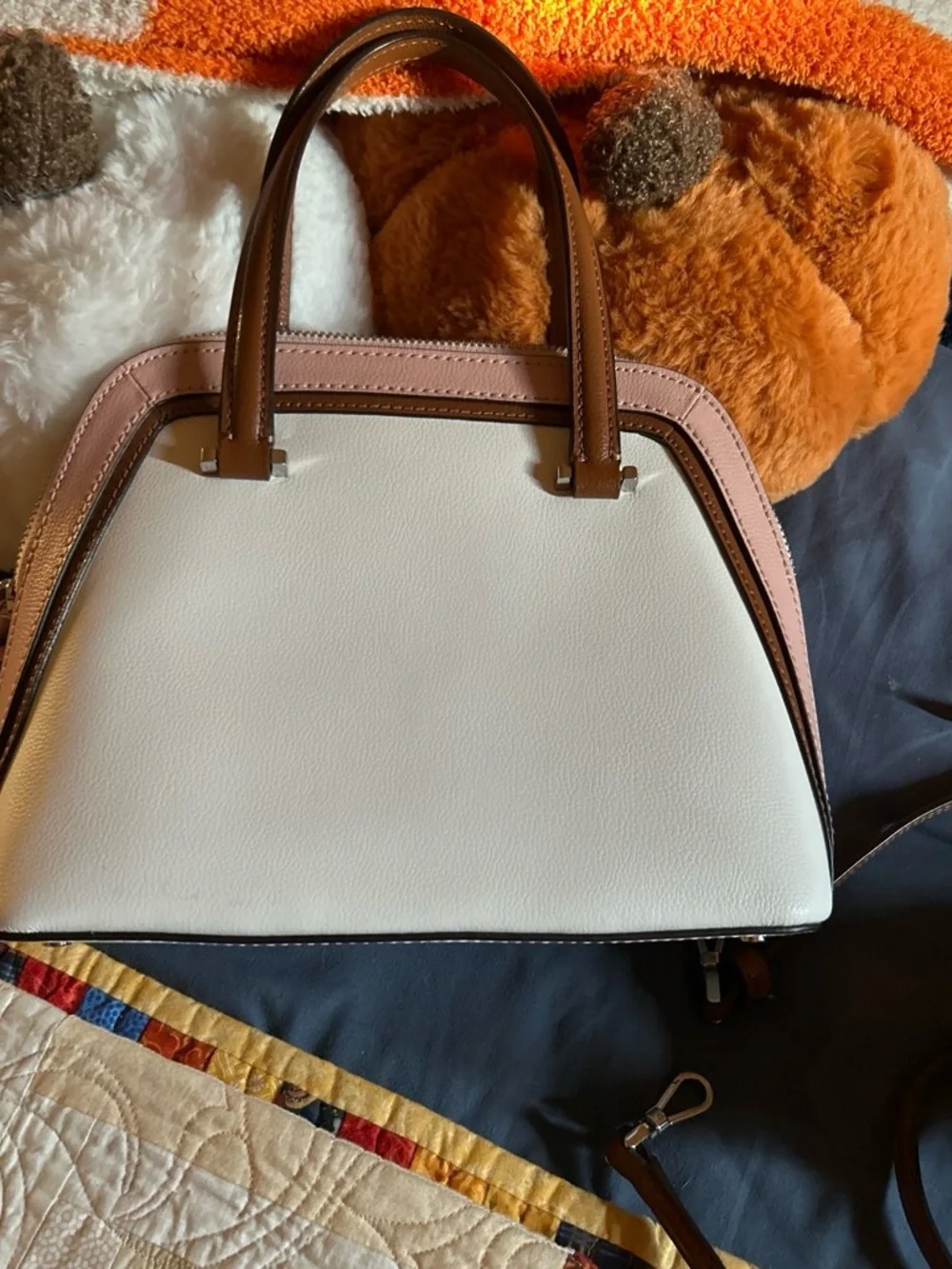 kate spade Two-Tone Cream and Brown Dome Satchel with Pink Trim